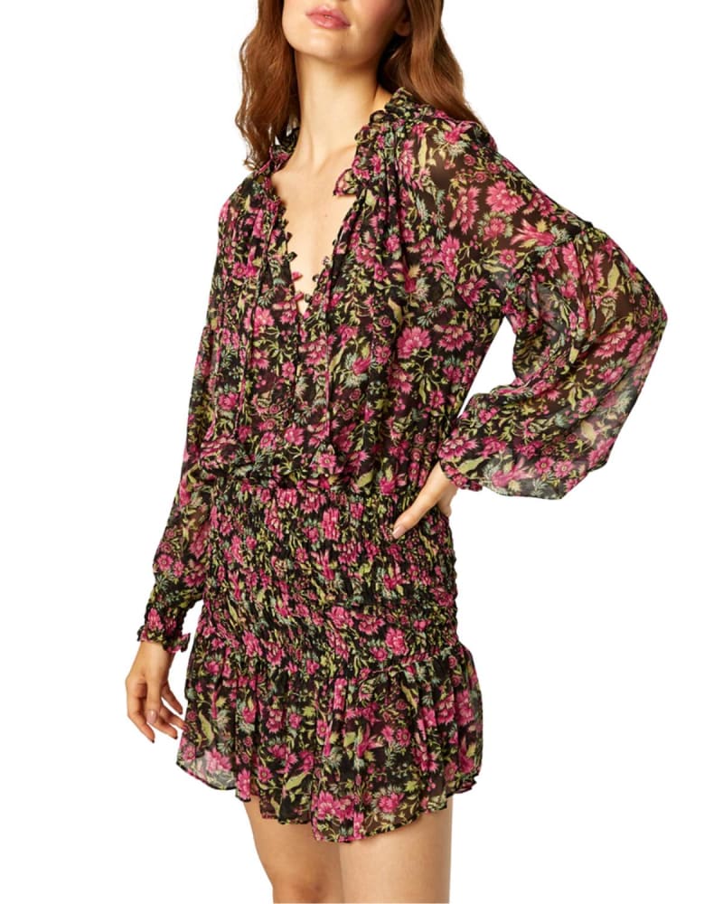 Front of a model wearing a size L Celina Dress in Flora Fuschia in Flora Fuschia by Misa Los Angeles. | dia_product_style_image_id:363440